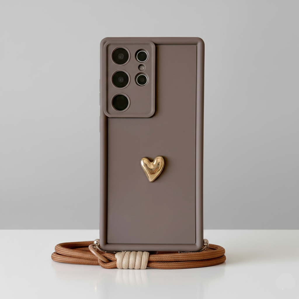 Modèle Heart Strap – Coque Samsung Galaxy avec Cordon et Cœur Doré 3D SMARTS ACCESS